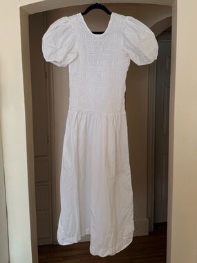 Ganni White Smocked Puff-Sleeve Dress